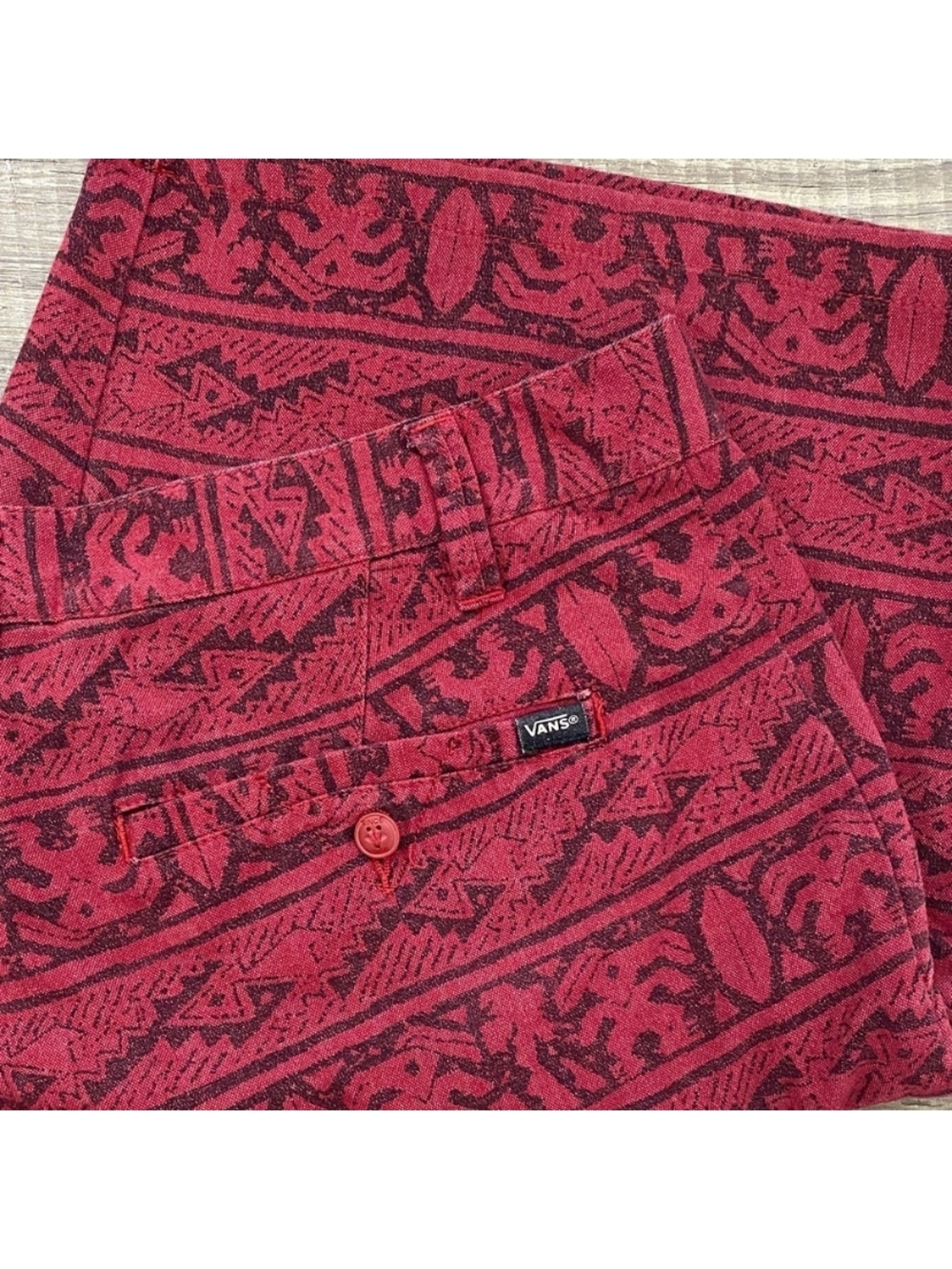 Vans Red and Black Patterned Button-Front Shorts with Teal Trim